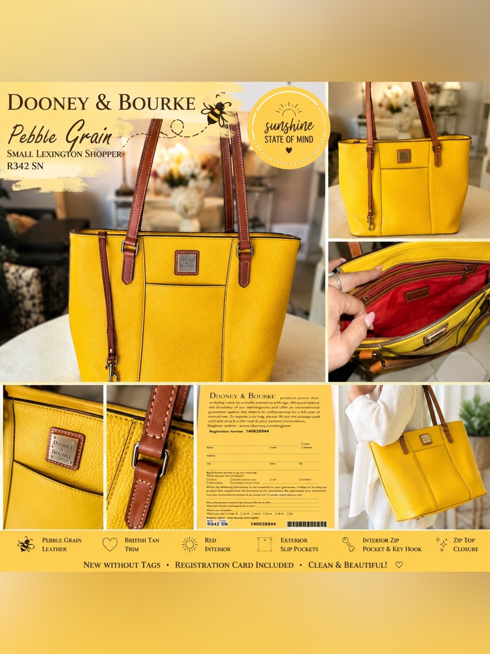 Dooney & Bourke Pebble Grain Small Lex. Shopper Yellow Leather Tote NWOT R342